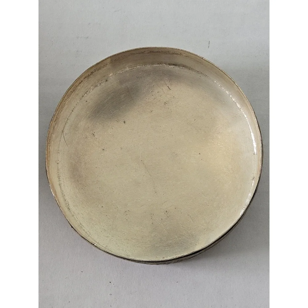 Vintage Persian Repousse Round Box Lid & Mirror Raised Bird Motif Silver Tone